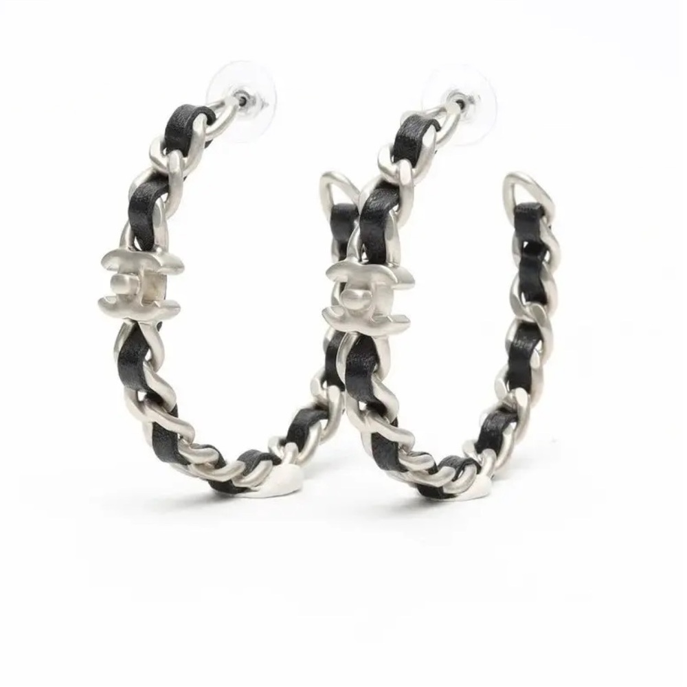 Chanel Silver and Black Leather and Chain Hoop Earrings